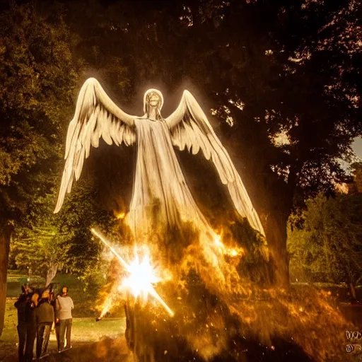 Image similar to photograph photo of a horrific, bright, shining holy angel descending upon a city park. the park is on fire. the crowd of people is on fire, screaming.