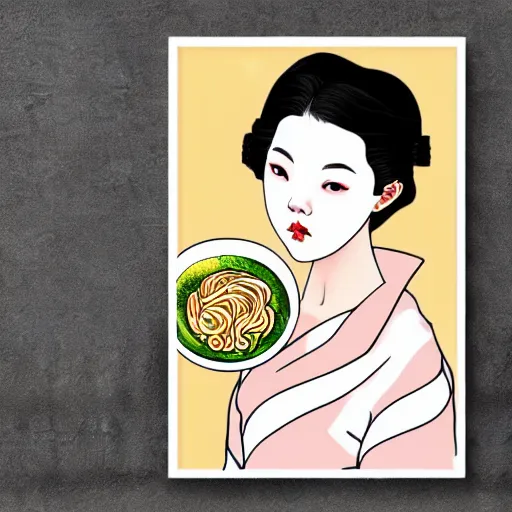 Image similar to beautiful japanese female model eating ramen soup portrait in the style of art nouveau anya taylor - joy