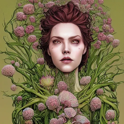 Image similar to a beautiful detailed front view portrait of a rotten woman corpse with plants and fractal flowers growing around, artgerm, joshua middleton comic cover art,