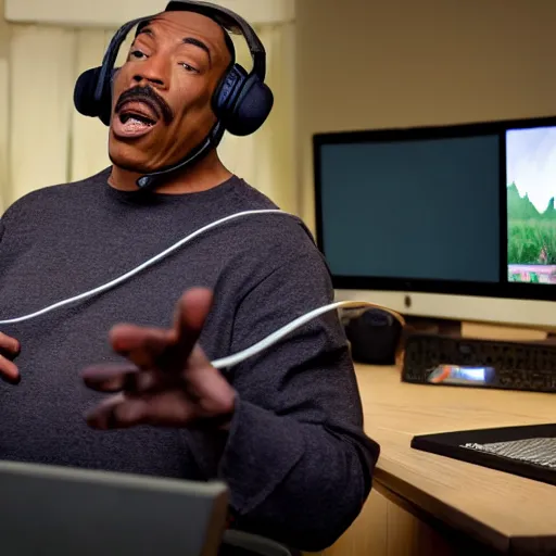 Prompt: my 600 lb Eddie Murphy wearing a headset yelling at his monitor while playing WoW highly detailed wide angle lens 10:9 aspect ration award winning photography by David Lynch esoteric erasure head