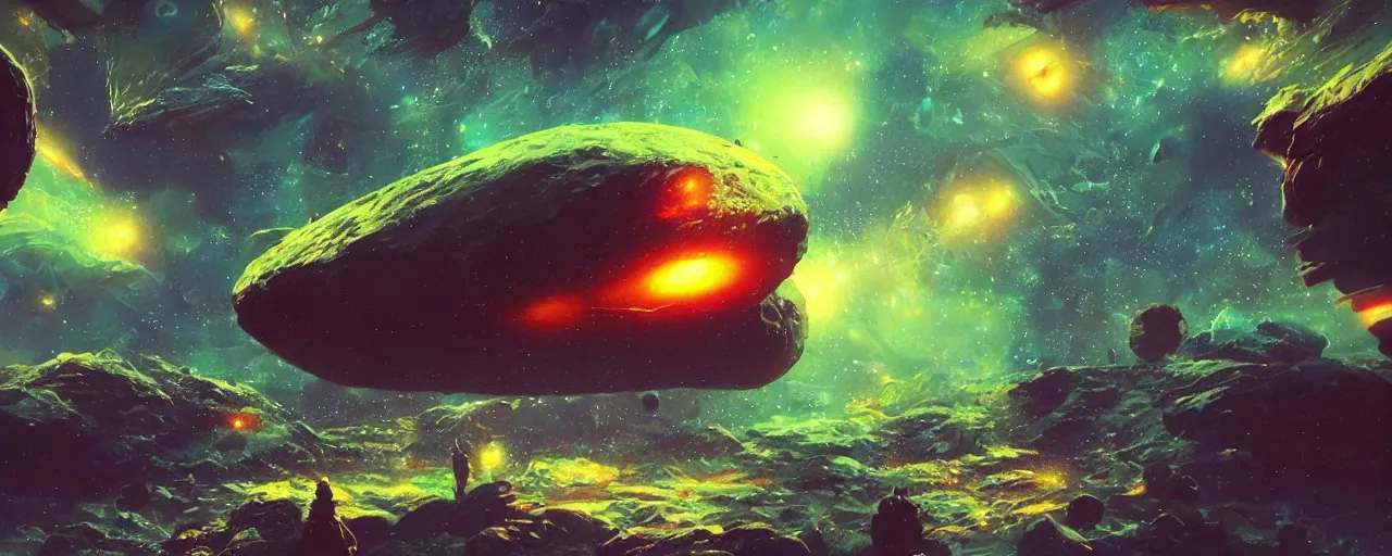 Image similar to ” space rock floating in pitchblack space, [ cinematic, detailed, epic, widescreen, opening, establishing, mattepainting, photorealistic, realistic textures, octane render, art by paul lehr ] ”