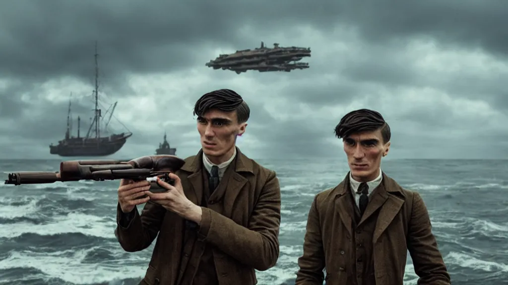 Image similar to photo of Thomas Shelby holding a Thompson, coming out of the ocean, extreme detailed face, spaceship far on the background, film still from the movie directed by Denis Villeneuve with art direction by Zdzisław Beksiński, wide lens