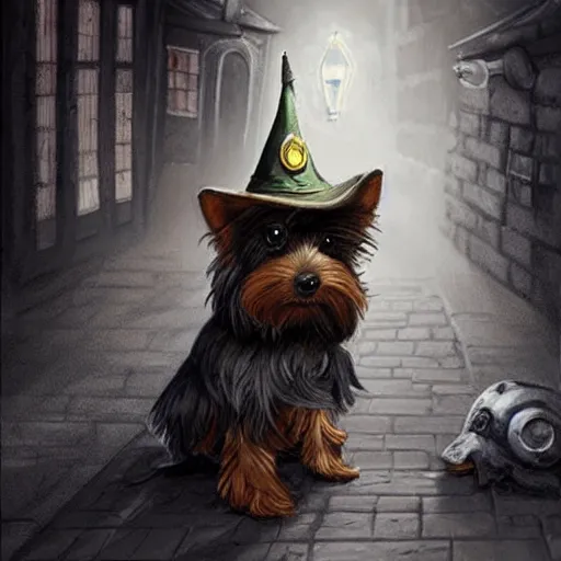 Prompt: detective yorkshire terrier wearing a wizard hat, in a dark alley, by D&D Concept Artists