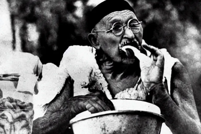 Image similar to candid photograph of ghandi secretly eating a bucket of kfc