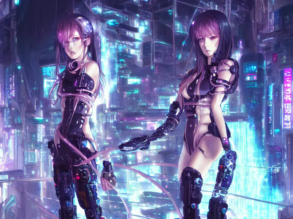 Prompt: anime visual of portrait futuristic cyber warrior girl, in future cyberpunk tokyo rooftop, ssci - fi, fantasy, intricate, very very beautiful, elegant, neon light, highly detailed, digital painting, artstation, concept art, smooth, sharp focus, illustration, art by artgerm and alphonse mucha and wlop and tian zi