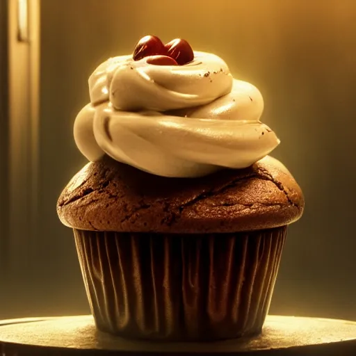 Image similar to a still from a horror move featuring a chocolate cupcake with cream and a cherry on the top, digital art, trending on artstation and unreal engine, smooth, 4 k, poster, high quality, hyperdetailed