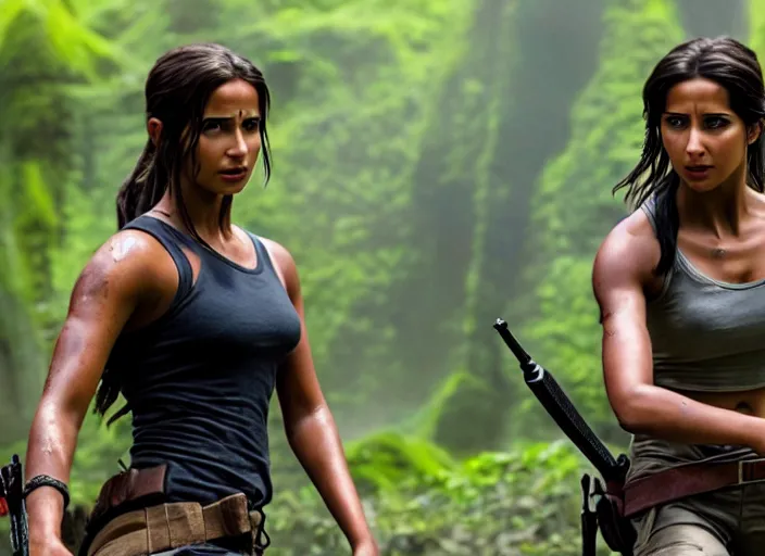 Image similar to film still of!!!! naomi scott!!! as lara croft in new tomb raider movie, 8 k