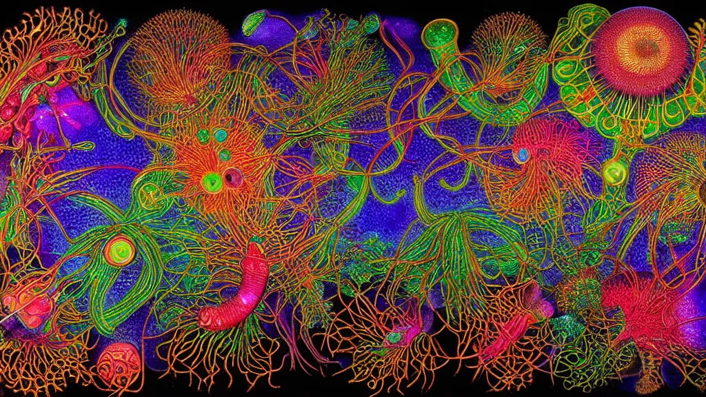 Prompt: quantum connections represented as symbiotic organisms like cells playing around with colorful lights by ernst haeckel, solid