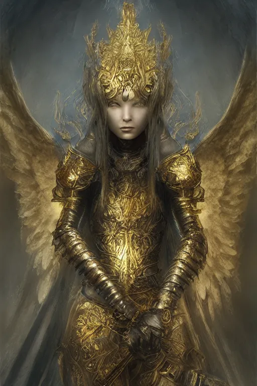 Prompt: portrait of an Angel, Dark Souls 3 themed, in style of Ruan Jia, insanely detailed and intricate, golden ratio, elegant, ornate, luxury, elite, ominous, haunting, matte painting, cinematic, cgsociety, James jean, Brian froud, ross tran, Laputa