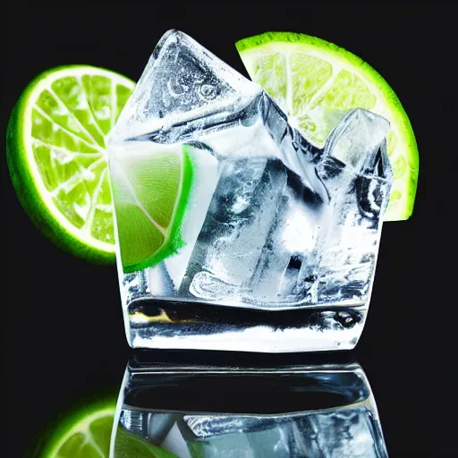 Prompt: a portrait of an ice cube next to a lime-slice, dark background, intense, incredibly detailed, studio, 85mm Sigma Art lens