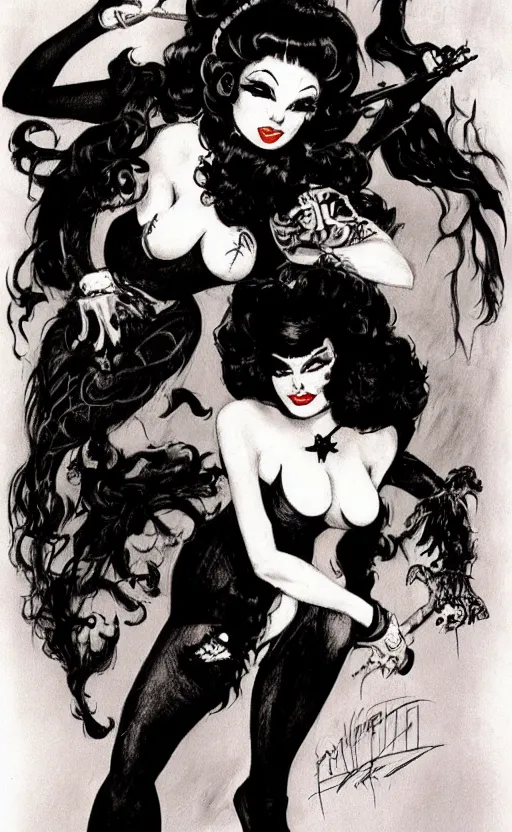 Image similar to of a witch girl burlesque psychobilly punk, detailed face, black hair, white background, drawing, illustration by frank frazetta