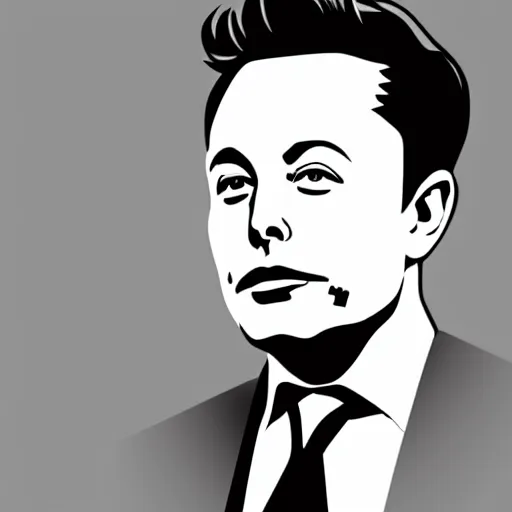 Image similar to a simplified black and white vector based illustration of Elon Musk, created in Adobe illustrator, black ink shading on white background, smooth vector curves, vinyl cut ready