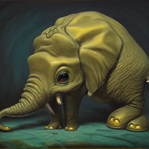 Prompt: a creature that is half elephant and half frog, oil painting by justin gerard