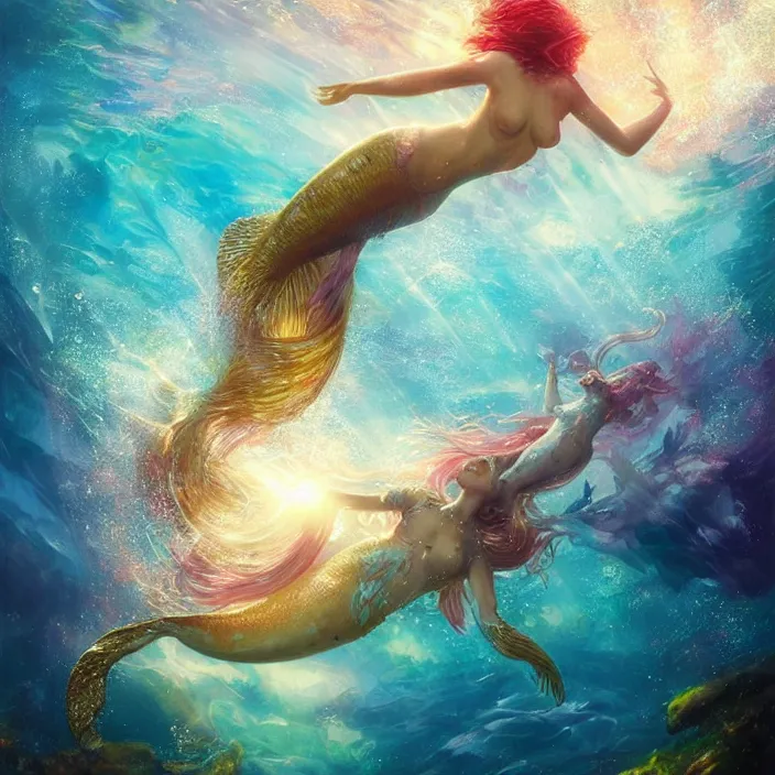 Image similar to glimmering mermaid swimming underwater, dolphins, golden hour, god rays, coral reef, dreamscape by artgerm and ruan jia and ismail inceoglu and greg olsen, cosmos, milky way galaxy, masterpiece, beautiful, intricate, elegant, highly detailed