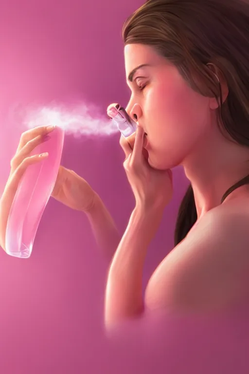 Prompt: Woman Breathing Through a Pink Vapor Inhaler, side view, digital art, professional illustration by ArtGerm