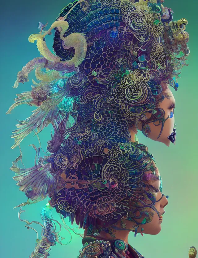 Image similar to 3 d goddess close - up profile solarpunk portrait ram skull. beautiful intricately detailed japanese crow kitsune mask and clasical japanese kimono. betta fish, jellyfish phoenix, bio luminescent, plasma, ice, water, wind, creature, artwork by tooth wu and wlop and beeple and greg rutkowski