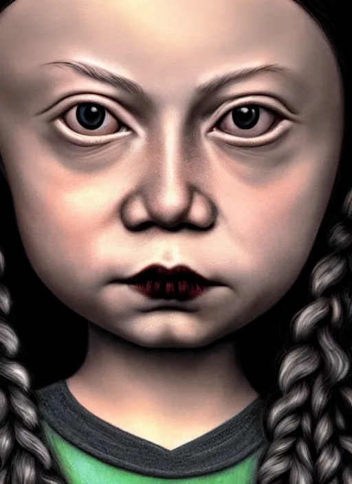 Image similar to highly detailed closeup, face profile portrait of greta thunberg as a gothic vampire, bikini, unreal engine, nicoletta ceccoli, mark ryden, earl norem, lostfish, global illumination, detailed and intricate environment