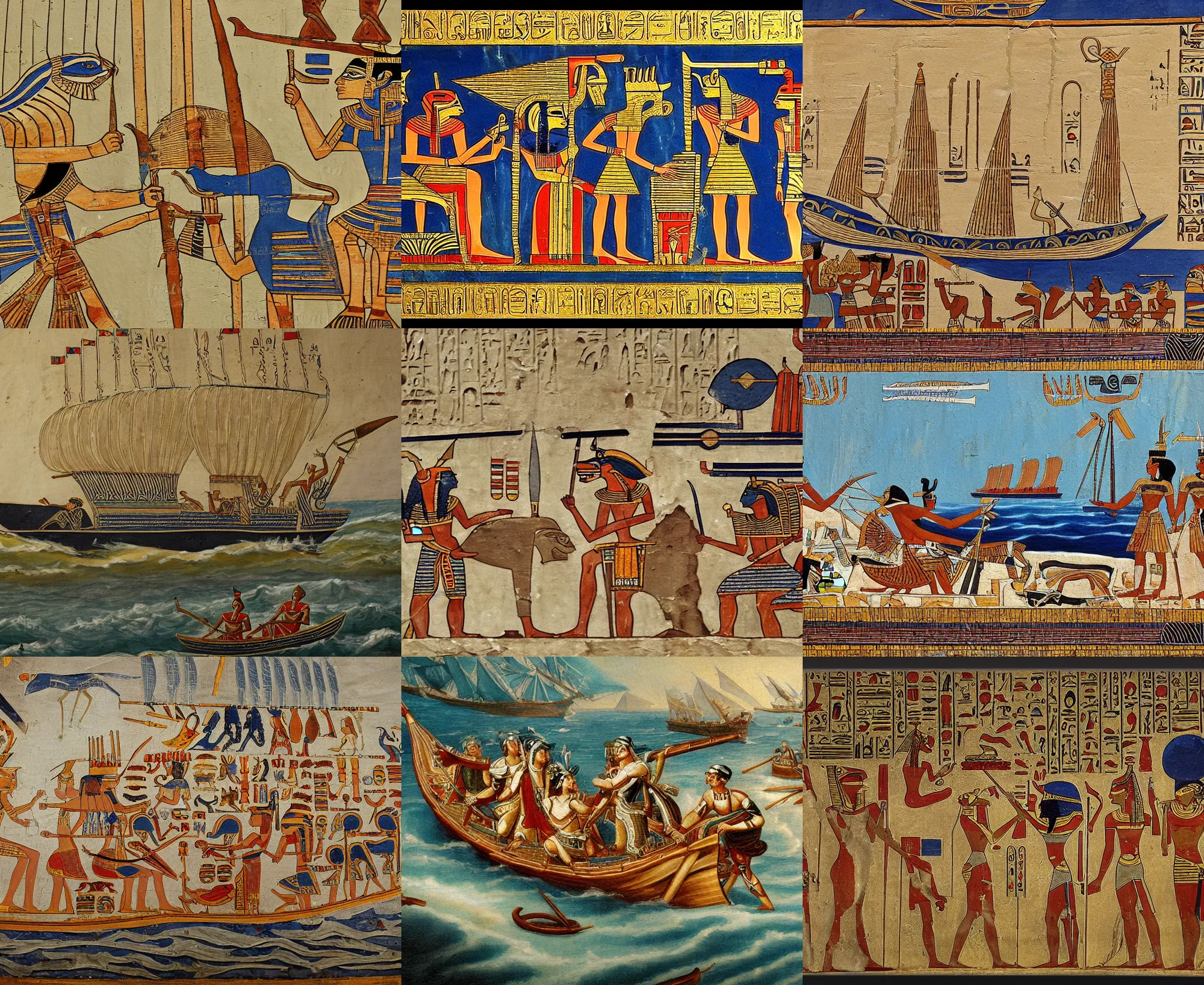 Prompt: ancient egypt painting, naval warfare, intricate, elegant, sharp focus, highly detailed