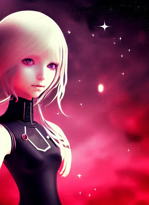 Prompt: highly detailed portrait of a hopeful pretty astronaut lady with a wavy blonde hair, by John Whitcomb , 4k resolution, nier:automata inspired, bravely default inspired, vibrant but dreary but upflifting red, black and white color scheme!!! ((Space nebula background))