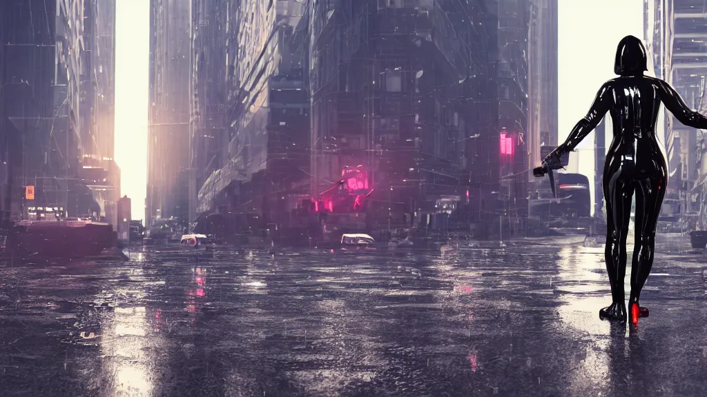 Image similar to modern sci-fi ninja woman with a sword and transparent plastic rainjacket and translucent clothing, walking towards oncoming busy traffic trucks and cars, in downtown chicago, daytime, wet floor on streets, matte painting, unreal engine, cinematic camera, mirrors edge, sunset overdrive