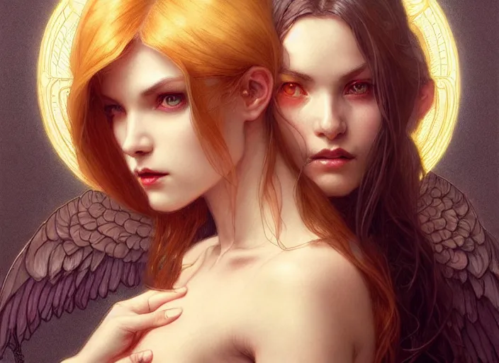 Image similar to portrait of demonic woman and angelic woman, confident pose, pixie, genshin impact, intricate, elegant, sharp focus, soft bokeh, illustration, highly detailed, concept art, matte, trending on artstation, bright colors, art by wlop and artgerm and greg rutkowski, mucha, giger, marvel comics