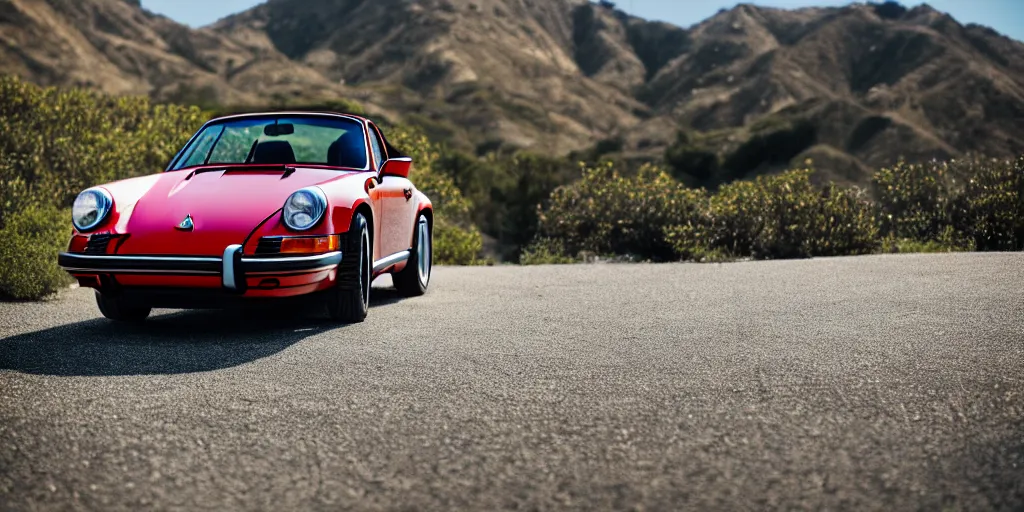 Image similar to photograph, debadged, 1974 PORSCHE 911, roadster, by Pete Biro, press release, cinematic, malibu canyon, 8k, depth of field, bokeh. debadged ,