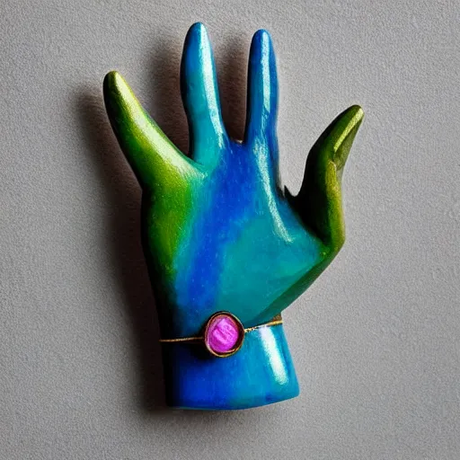 Image similar to “hand sculpture made from colorful gemstone, 35 mm product photo”