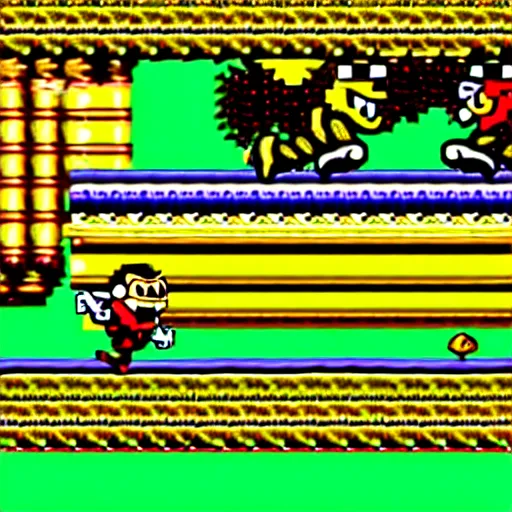 Prompt: Donkey Kong slips on a banana, Nintendo Power SNES in-game screenshot, retro