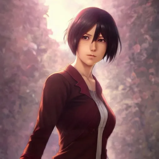 Image similar to mikasa ackerman, bokeh, beautiful face!!!!, 2 7 years old, cg animation, lifelike, animated, realistic, character select portrait, by artgerm, greg rutkowski, alphonse mucha, 3 d