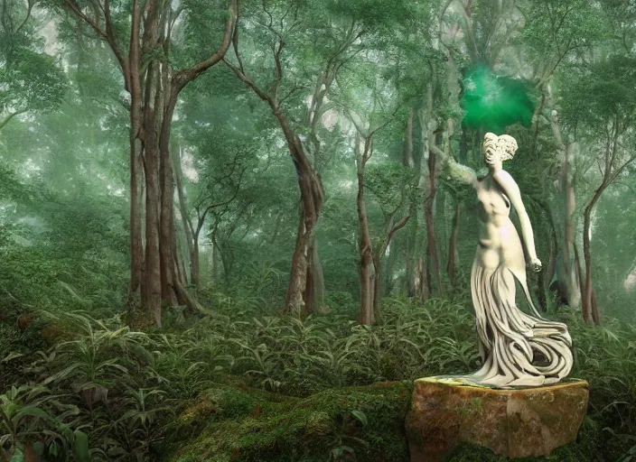 Image similar to an idealistic marble statue with fractal flowery hair and fair porcelain face and green eyes, in a magical forest, painted by, mc escher, gordon onslow ford, georgia o'keeffe and ivan aivazovsky, cinematic light, god rays, colourful, unreal engine, zbrush central,