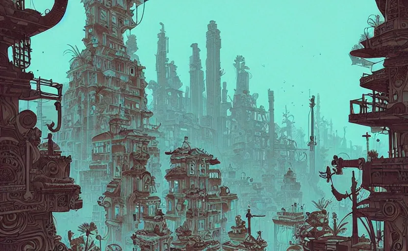 Image similar to lost city by james gilleard, by joe fenton, by kaethe butcher, dynamic lighting, gradient light blue, brown, blonde cream and white color scheme, grunge aesthetic