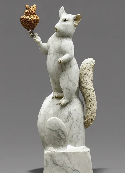 Image similar to A marble statue of a squirrel holding an acorn in the style of Statue of Liberty. museum photo