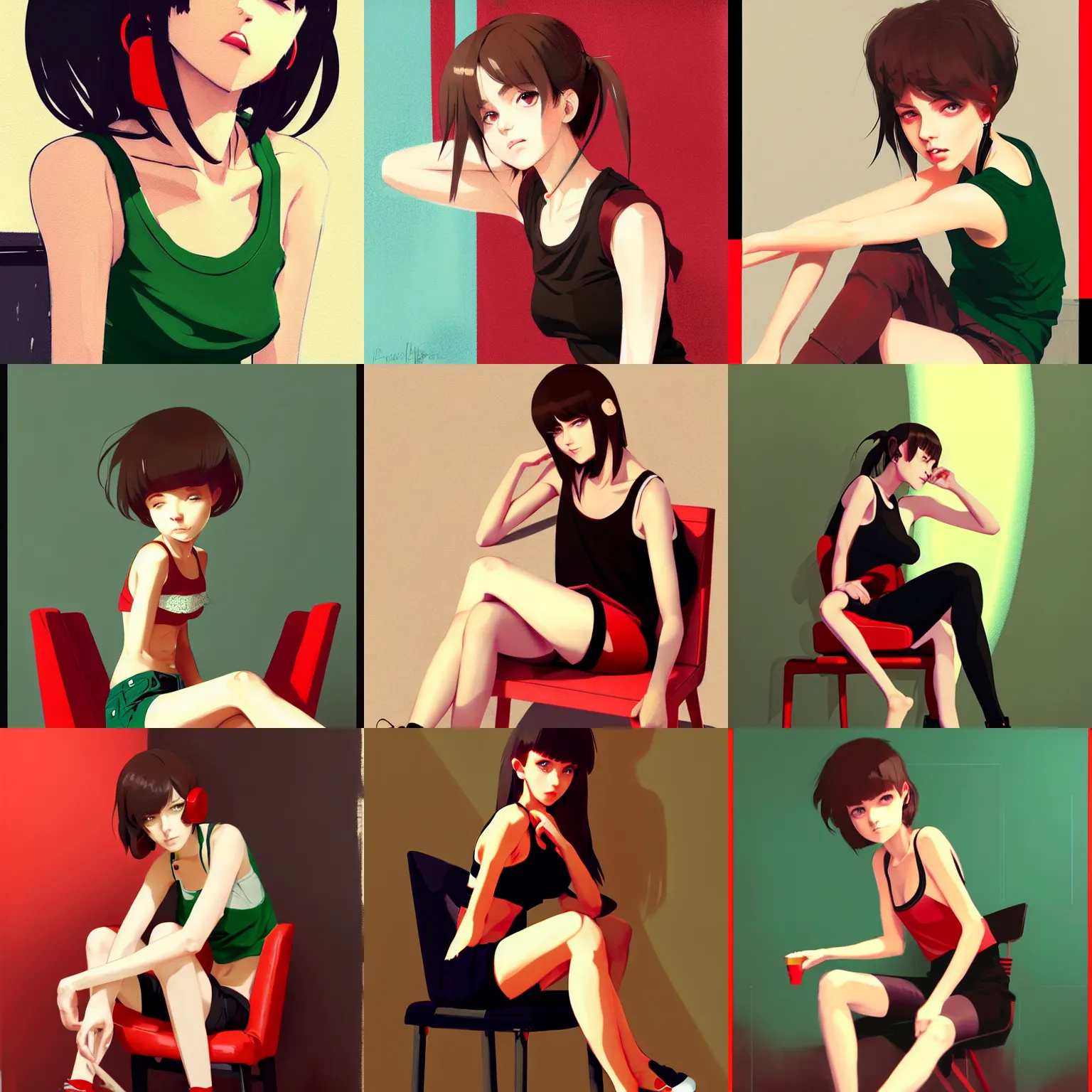 Prompt: sexy girl with brown hair and green eyes, tanktop, shorts earring, sitting in a chair, painted with red and black color palette, in the style of and ilya kuvshinov and greg rutkowski, high quality anime artstyle, intricate