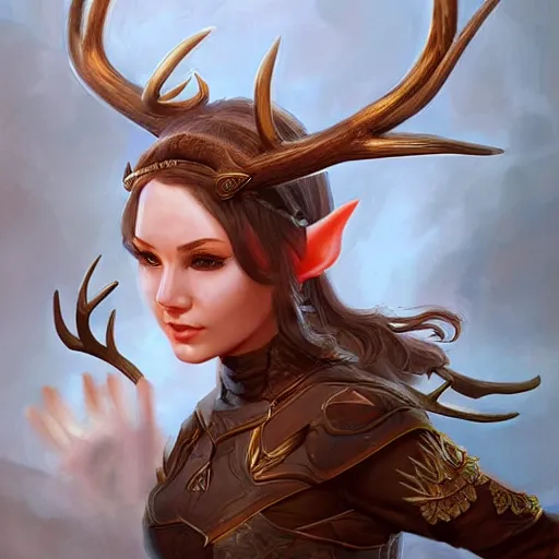 Prompt: female elf archer with antlers, acrobatic, medium shot, art, fantasy, intricate, elegant, highly detailed, digital painting, trending on artstation, concept art, smooth, sharp focus, hyperrealistic, illustration, art by Loish and WLOP