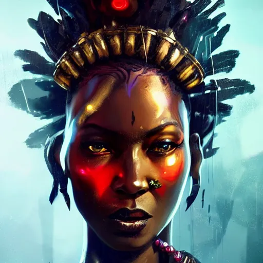 Image similar to a dark and ominous african queen with glowing eyes and a golden crown with a ruby crying tears of gold in a thunderstorm, Apex Legends character digital illustration portrait design, by android jones and greg rutkowski in a cyberpunk voodoo style, detailed, cinematic lighting, wide angle action dynamic portrait