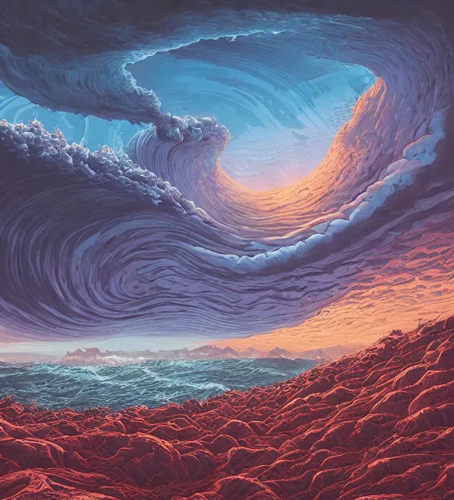 Prompt: a giant ocean wave swirling in the sky above a barren desert by ivan shishkin and zacharias aagaard and simon stalenhag and dan mumford and josan gonzalez, 🌊 🏜 💥 💣 surrealism, hyper detailed, vibrant, high contrast, desaturated, retrowave