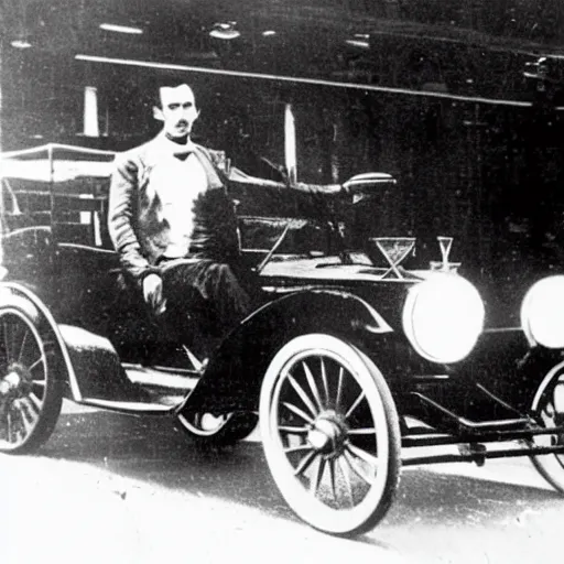 Image similar to nikola tesla driving a modern tesla model s