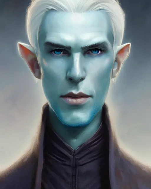 Image similar to character portrait of a slender young half elven man with white hair, piercing turquoise blue eyes, and pale blue skin, by greg rutkowski, mark brookes, jim burns, tom bagshaw, trending on artstation