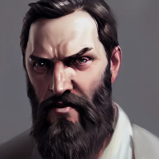 Image similar to a man with a beard is staring at the camera, a character portrait by Mandy Jurgens, cgsociety contest winner, shock art, artstation hq, speedpainting, official art