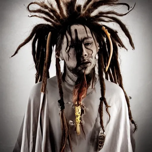 Image similar to a horror shaman with dreadlocks in sacrament of death