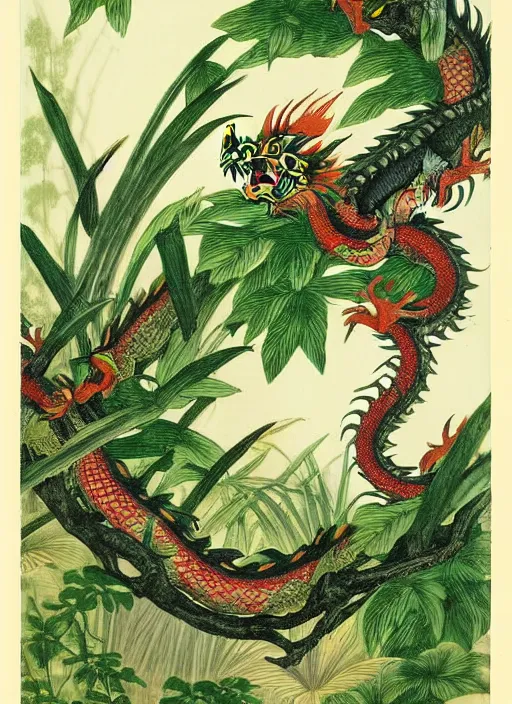 Image similar to vintage chinese dragon in a tropical forest, john james audubon, intaglio