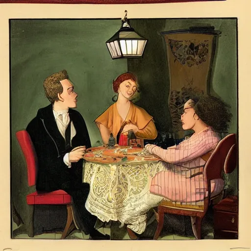 Image similar to The digital art depicts two people, a man and a woman, sitting at a table. The man is looking at the woman with a facial expression that indicates he is interested in her. The woman is looking at the man with a facial expression that indicates she is not interested in him. There is a lamp on the table between them. cell shading, goldenrod by Peter Kemp, by Alex Prager loose