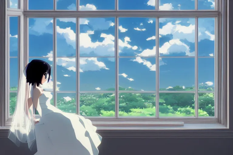 Image similar to a beautiful detailed picture of window, a bride and a groom, sky, by makoto shinkai