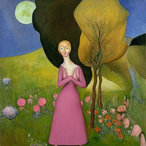 Prompt: moonstone earthy by boris grigoriev. a land art of a young girl with blonde hair, blue eyes, & a pink dress. she is standing in a meadow with flowers & trees.