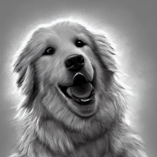Prompt: portrait of a fluffy golden retriever dog, happy with his mouth open, D&D, fantasy, intricate, cinematic lighting, highly detailed, digital painting, artstation, concept art, smooth, sharp focus, illustration, art by Generate Labs and Kenichi Nishida