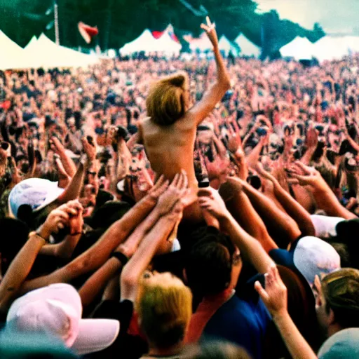 Image similar to photo of donald trump crowdsurfing at Woodstock, cinestill, 800t, 35mm, full-HD