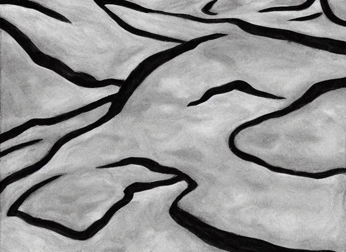 Image similar to minimalist charred rocky snowdrift landscape with slow wide contours from mulan ( 1 9 9 8 )