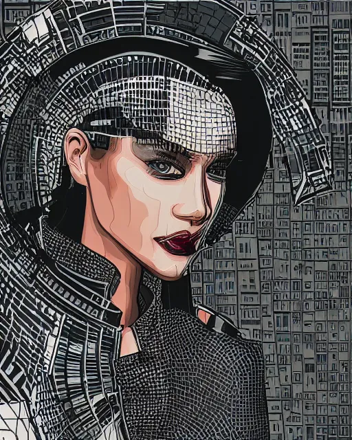 Image similar to cypherpunk fashion illustration, camera face, city street background with high tall buildings, abstract portrait highly detailed, finely detailed