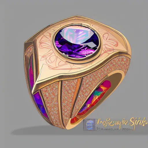 Image similar to sketch of four points of view of a complex ring with a complex cameo ornament of a panther, technical sketch, rose gold, gems, high coloration, ambient lightning, highly detailed, 8 k