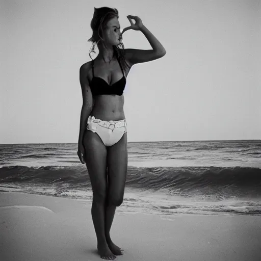 Image similar to “A beautiful woman at the beach in lifeguard attire, dreamcore aesthetic, taken with a Pentax K1000, Expired Burned Film from 1930s, Softbox Lighting, 85mm Lens”